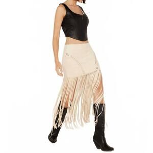 NEW VOCAL APPAREL suede fringe studded skirt in cream